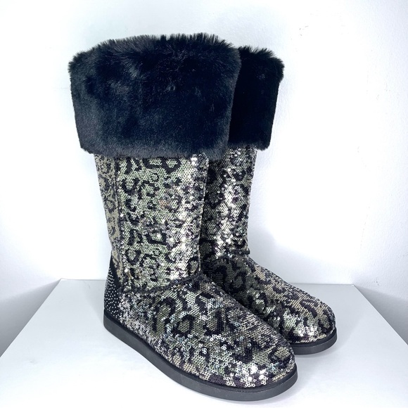 Juicy Couture Cheetah Black Gold Sequin Faux Black Fur-Trimmed